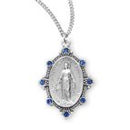 Sterling Silver Oval Miraculous Medal Set with Light Sapphire Crystals