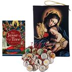 JESSE TREE ORNAMENTS, BOOK AND MADONNA & CHILD TAPESTRY STORAGE POUCH