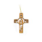 OLIVE WOOD NATIVITY ORNAMENT - CROSS WITH SHEPHERD AND ANGELS