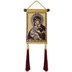 VIRGIN OF VLADIMIR TAPESTRY ICON WITH TASSELS AND PEARLS